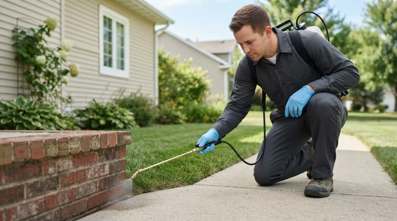 Pest control technician treating a home near Bristol, RI